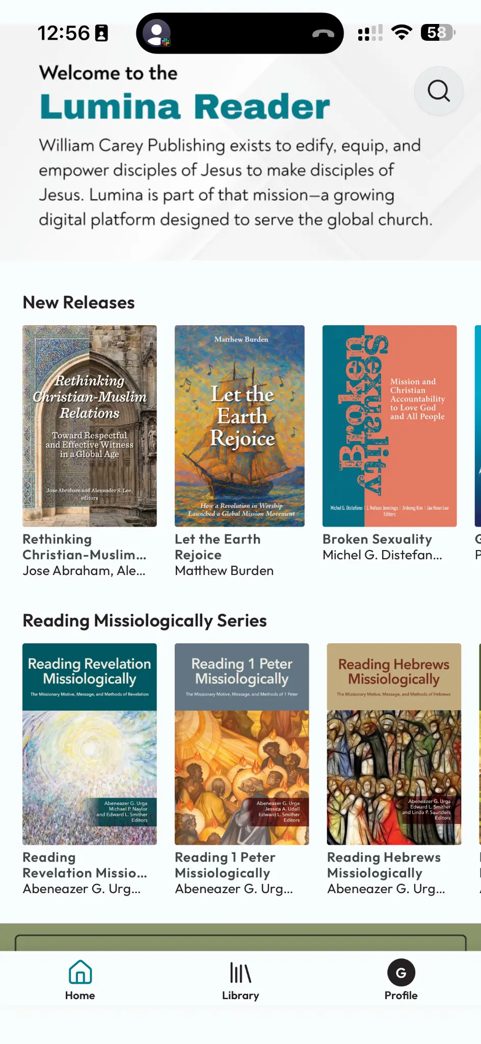 Lumina Reader welcome screen showing new releases and curated series from William Carey Publishing